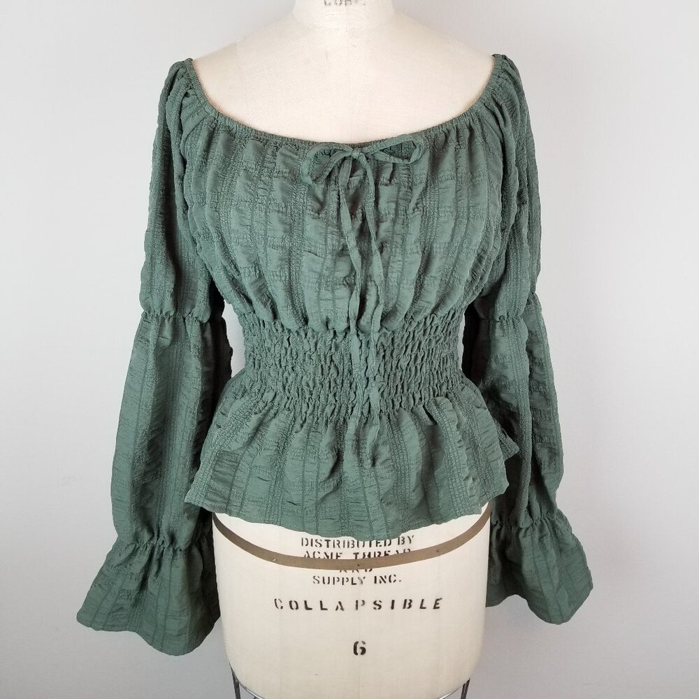 Rose and Grey Boho Style Deep Green Off the Shoulder Gauzy L/S Blouse * Medium